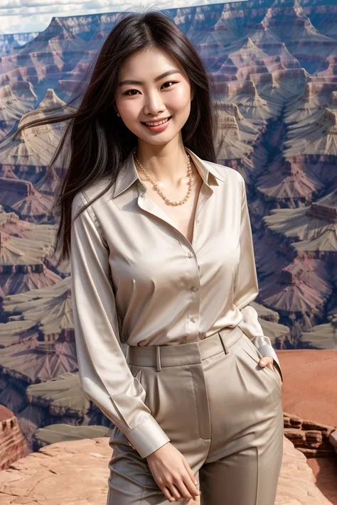 Asian woman, closeup, (shirt), pants, (grand canyon), pearl necklace , smiling , KM_jiayi, wide shoulders, perfect face, (contact iris: 1.1), pale skin, skin pores , depth of field