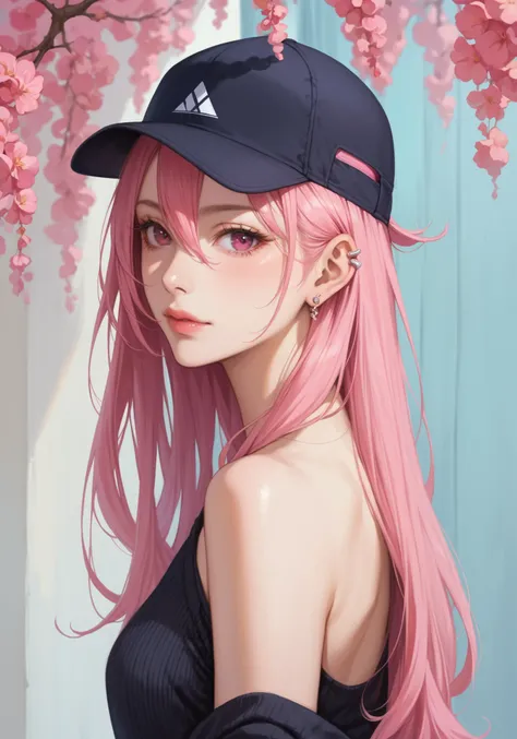 1girl, solo, long hair, looking at viewer, red eyes, hat, hair between eyes, closed mouth, jewelry, bare shoulders, upper body, pink hair, earrings, pink eyes, off shoulder, from side, lips, ear piercing, baseball cap, hair behind ear, black sweater, gener...