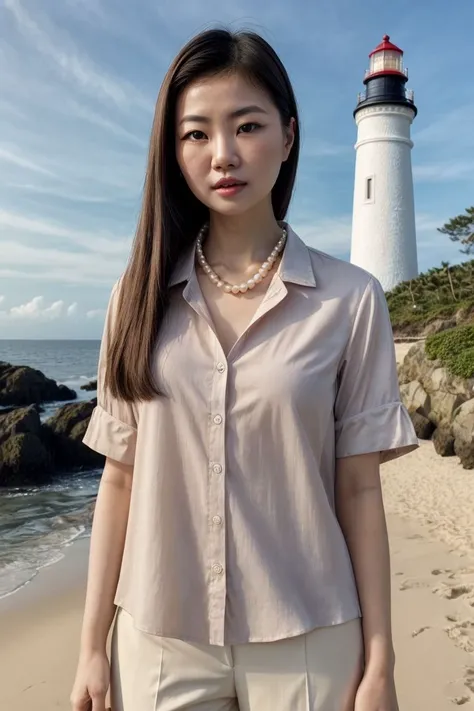 Asian woman, closeup, (shirt), pants, (beach lighthouse), pearl necklace , (), KM_linda, wide shoulders, perfect face, (contact iris: 1.1), pale skin, skin pores , depth of field