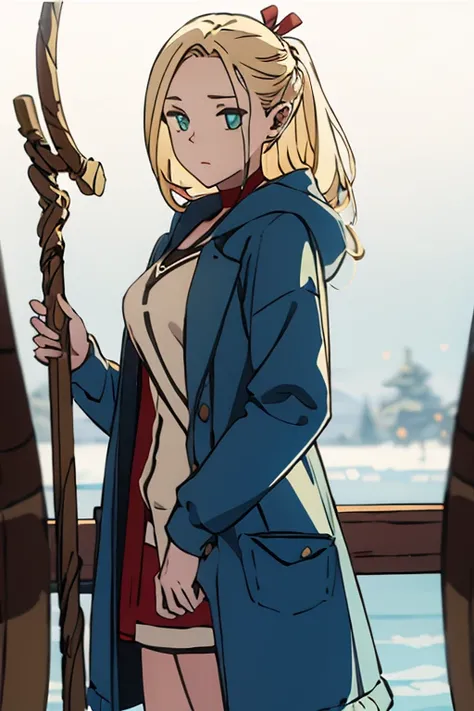 1girl,elf,blonde,full_shot,blue coat,with a staff in hand,<lora:malu-000002:0.8>,