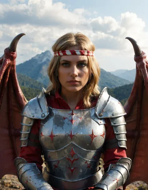 a woman in armor with dragon wings is sitting on top of a mountain, upper body shot, with her dragon wings spread, Saskia_Saesenthessis, blonde, red white headband, armor, portrait photograph, from the front