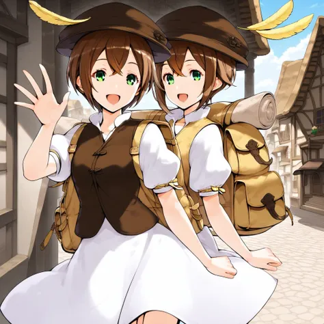 backpack, pointed sidelocks, hat feather, brown hair, puffy short sleeves, tressa, green eyes, white dress, brown boots, yellow feather, dark brown vest over dress, small hat, smile, , standing, open mouth, boots, brown hat, short hair, small vest, plain d...