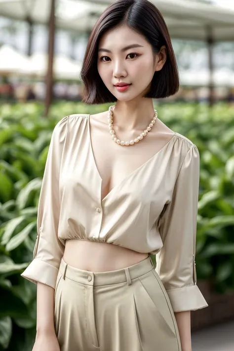 Asian woman, closeup, (shirt), pants, (farmers market), pearl necklace , (), KM_jiayi, wide shoulders, perfect face, (contact iris: 1.1), pale skin, skin pores , depth of field