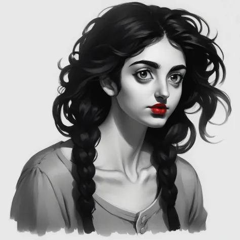 white background, greyscale, black hair, collarbone, long hair, portrait, jewelry, shirt, twin braids, red lips, hair over shoulder