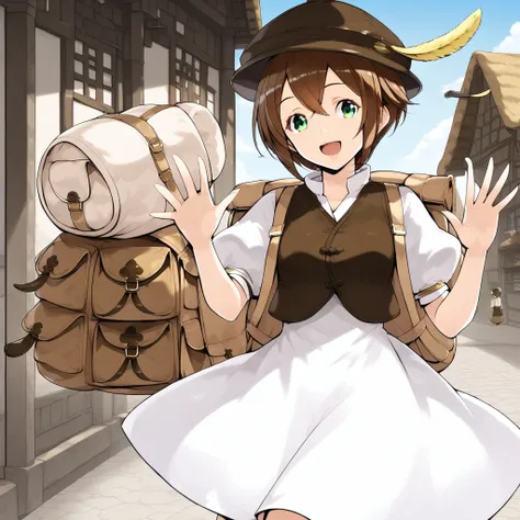 tressa, hat feather, white dress, backpack, boots, microdress, plain dress, short hair, brown hair, brown boots, yellow feather, green eyes, pointed sidelocks, puffy short sleeves, dark brown vest over dress, standing, smile, open mouth, small vest, brown ...