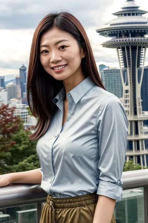 Asian woman, closeup, (shirt), pants, (seattle space needle), (), smiling , KM_sonya, wide shoulders, perfect face, (contact iris: 1.1), pale skin, skin pores , depth of field