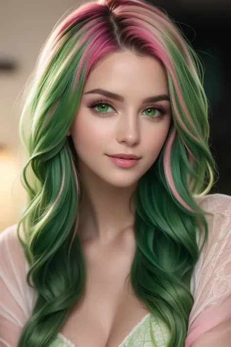 (Best quality, 8k, 32k, raw photo, Photorealistic, Photoreal, UHD:1.2),lifelike rendering, (face close-up portrait:1.2), 1girl, 24yo, nerdy look, stunning, ((long streaked green/pink hair:1.4)), messy hair upsweed updo, oval face, double eyelids, highly de...