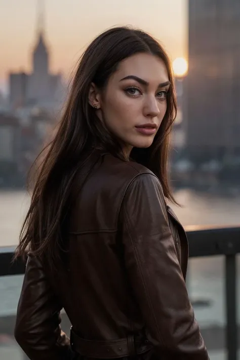 photo of S468_ShaidenRogue,a stylish woman,in a (city:1.1),wearing a (leather coat),(shirt),(sunset),(4k, RAW photo, best quality, 50mm, depth of field, ultra high res:1.1),(intricate, photorealistic, cinematic-shot, masterpiece, ultra-detailed:1.1),