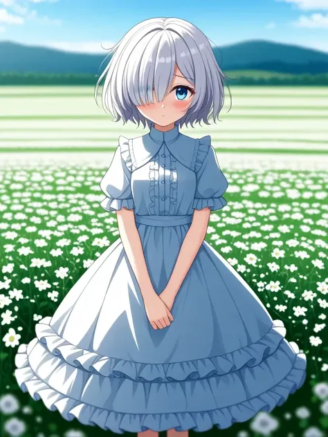 cute 1girl, white hair, messy bob cut, blue eyes, jitome, blush, shy, (hair over one eye), standing in a flower field, frilled dress, blurry, (depth of field:1.1), beautiful twilight sky, warm lighting, (Ephemeral Glow), looking at viewer, fluttering petal...