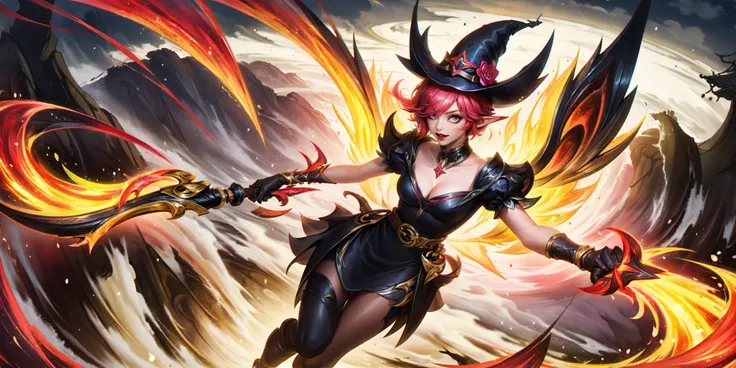 hezi,lol style,Splash art,Cool,game art,Game art,LOL propaganda poster texture,1girl,breasts,hat,cleavage,pointy ears,potion,dress,puffy short sleeves,puffy sleeves,large breasts,hair over one eye,solo,short sleeves,wings,black dress,witch hat,long hair,ma...