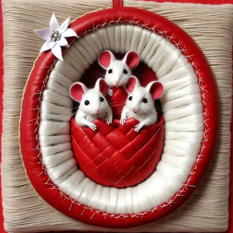 cs-l3ath3r, white mice in a red straw nest