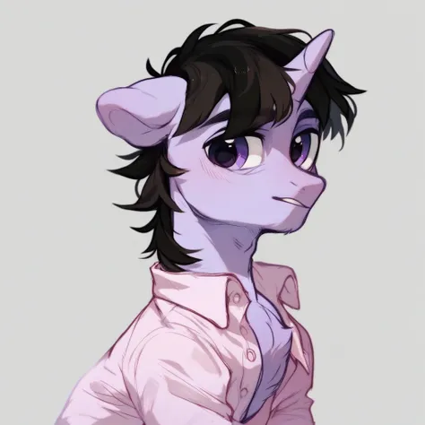 score_9, score_8_up, score_7_up, score_6_up, score_5_up, score_4_up, solo, male, pony, stallion, unicorn, lavender unicorn, lavender body, horn, black hair, buttoned shirt