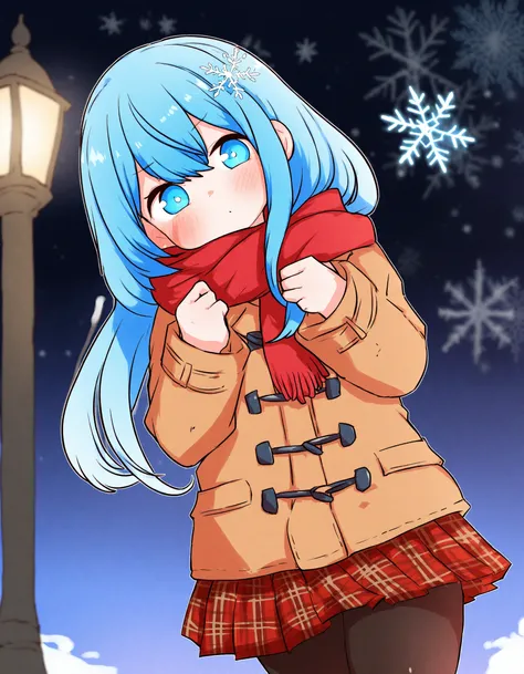 done (donezumi), 1girl, solo, depth of field, long hair, hair between eyes, blue hair, blue eyes, looking at viewer, blush, closed mouth, head tilt, hands up, red skirt, pleated skirt, black pantyhose, hair ornament, scarf, red scarf, long sleeves, brown j...