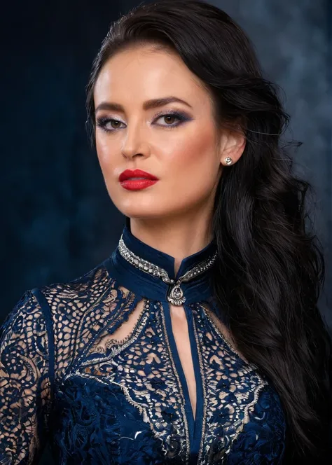 a captivating masterpiece of a woman, (((dressed in a western outfit))), ((upper body)), face, The intricate lace and silver details exude a very rebellious aura. ((The use of high-shine gloss adds a touch of glamour to the look)), ((while the dark blue an...