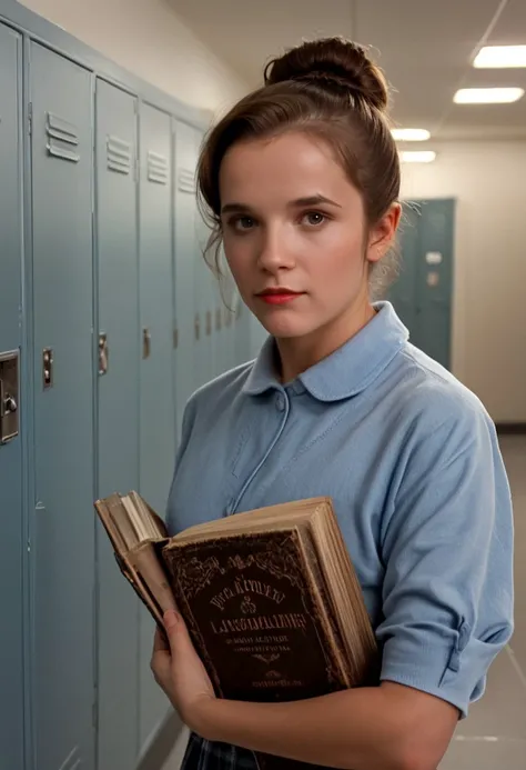 score_9, score_8_up, score_7_up, source_photo, photography, realistic,
lorbaines, hair up, blue shirt, holding books. lockers, school hallway, looking at viewer, viewed from side, cinematic