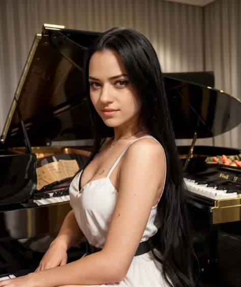 cinematic photo <lora:quiron_LiandraAndrade_v1330_Lora:0.77> liandraAndradeQuiron, 1girl, black hair, realistic, long hair, solo, looking at viewer,  ,  Seated at a grand piano, she plays a melodious tune, her fingers gliding across the keys with ease . 35...