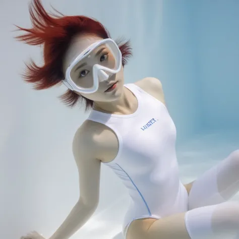 1girl asian, realistic photo, photorealistic, underwater photo of an asian girl swimming underwater, she is wearing a white and blue swimsuit, a cropped tank top and thighhighs, white diving mask, white dive fins, her hair is red twintails, her hair is flo...