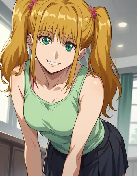 score_9, score_8_up, score_7_up, source_anime, <lora:nao-nikaido-ova-ponyxl-lora-nochekaiser:1>, nao nikaido, blonde hair, twintails, green eyes,, tank top, pink tank top, skirt, black skirt, pleated skirt,, indoors, bent over, smile,, looking at viewer, s...