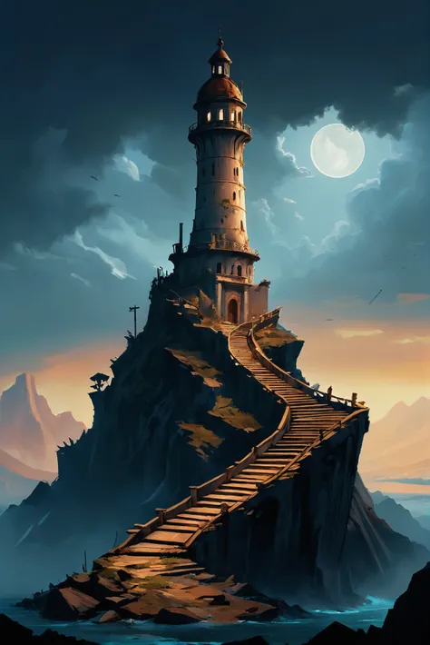 post-apocalyptic, ancient roman lighthouse overlook in a ruined,amazing fantasy mountainside city outside of the multiverse, masterpiece