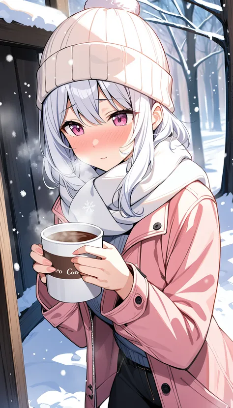 1girl, white hair, short hair with long locks, pink eyes, pink jacket, black pants, white beanie, white scarf, cold, breath, nose blush, outdoors, snow, holding steaming hot cocoa, snowing, nature, snow covered tree, masterpiece, best quality