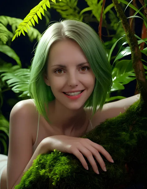 In a captivating, hyper-realistic close-up portrait, 3L3N4R055 - a woman with vibrant green hair and striking red eyes - gazes directly at the viewer, her lips curled into an enigmatic smile revealing perfectly straight, pearly white teeth. Set against a d...