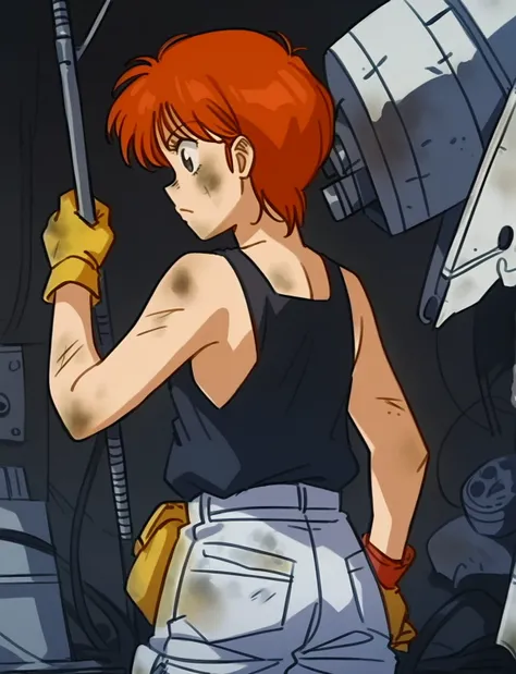 leonaozaki, source_manga, rating_safe,  score_8_up, score_7_up, 1girl,  short red hair, black tank top, yellow gloves, white cargo pants, dirty skin,  <lora:Leona_Ozaki_Dominion_Tank_Police:0.8>, upper body, working on heavy machinery, rear view, looking b...