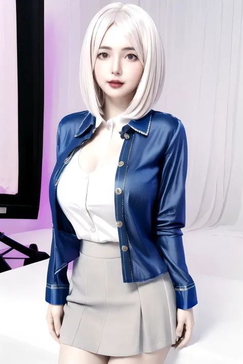 1girl, solo, large breasts, looking at viewer, realistic, photorealistic, short hairs, lips, hyper detailed, super sharp, crisp, smooth, smooth gradients, depth of field, (in studio: 1.1), (white background: 1.1), <lora:channekocosplay:1>, <lora:breastsize...