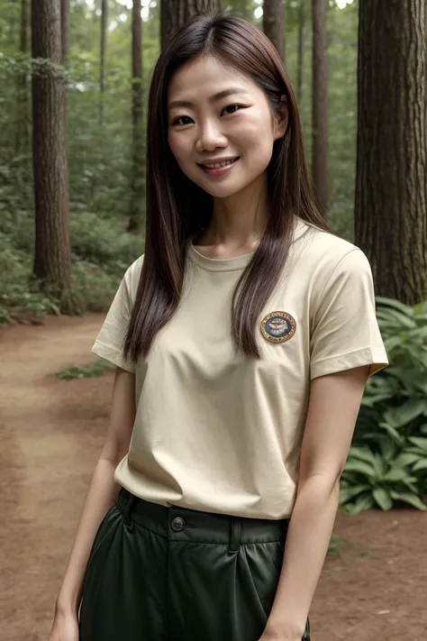 Asian woman, closeup, (shirt), pants, (koa campground), (), smiling , KM_linda, wide shoulders, perfect face, (contact iris: 1.1), pale skin, skin pores , depth of field