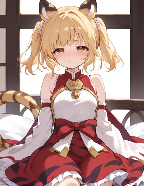 1girl,solo,<lora:bai and huang_pony:1>,bai and huang,brown eyes,
animal ears,blonde hair,small breasts,
dress,bare shoulders,wide sleeves,sleeveless,red skirt,frills,
sad,tear,blush,hand_on_skirt,, score_9,score_8_up,score_7_up,score_6_up,score_5_up,score_...