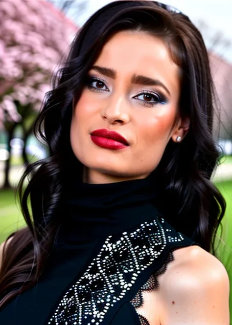 HDR photo of captivating masterpiece of an woman, glamorous hairstyle, (((black dress with turtleneck made of lace))), long earrings, necklace, dark sunglasses, (half body shot), in a meadow with blossoming cherry trees, blurred background, sunlight, shall...