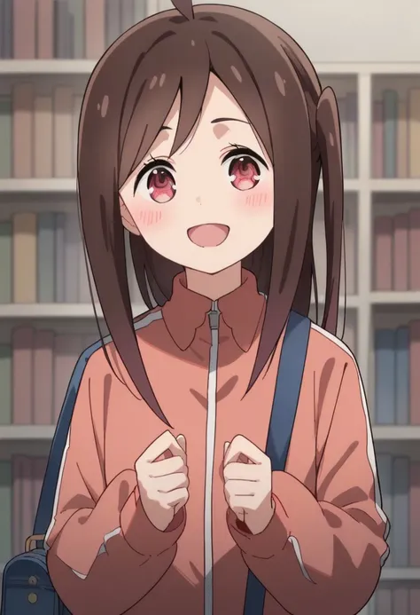 score_9, score_8_up, score_7_up, source_anime,hitori bocchi, brown hair, long hair, pink eyes, 1girl,solo, smile, ahoge, open mouth, blush, bookshelf, bag, upper body, :d