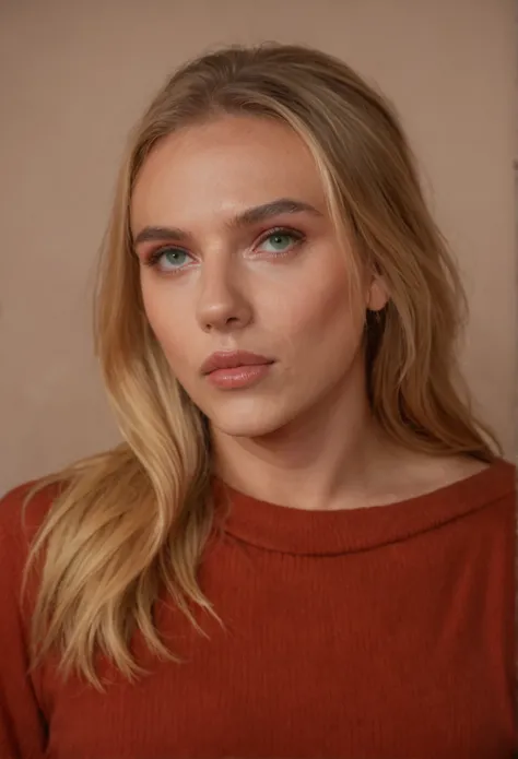 score_9, score_8_up, score_7_up, ScarlettJ, 1girl, solo, looking at viewer, long hair, blonde hair, jewelry, green eyes, lips, makeup,   portrait, realistic, red sweater