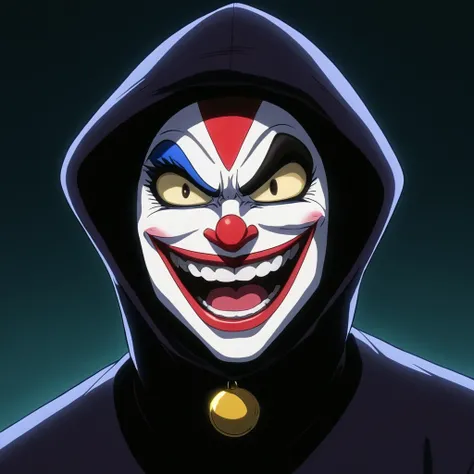 anime artwork of  <lora:Majinga style:0.1>
 <lora:Baron Ashura:0.9>
Baron Ashura a drawing of a clown with a hood on, gynandromorphic, animation style, cartoon, video animation, animated cartoon style, cinematic animation style, visual stunning, Majinga st...