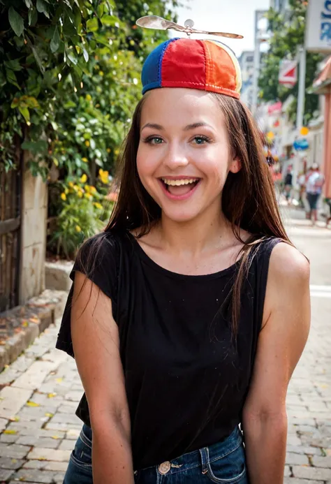 score_9, score_8_up, score_7_up, score_6_up
propeller hat, propellerhat, propeller hat (object),  standard propeller hat,  beanie with propeller, 
1girl, solo, smile, open mouth, shirt, female focus, black shirt,  realistic, street background