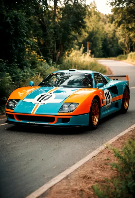 analog film photo (Sportscar, colorful rally prototype, front side view, vegetation, sunny, road, trees), (film grain:1.5) . faded film, desaturated, 35mm photo, grainy, vignette, vintage, Kodachrome, Lomography, stained, highly detailed, found footage, ci...