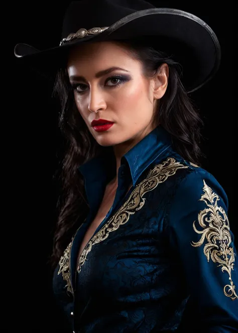 A captivating masterpiece of a woman, dark make up, (((cowboy shot))), glamour, dramatic, studio lighting, looking at viewer, background blurred, 8k, dragon, bloodwave, elegant, ornate clothing, high contrast, dramatic shadows, mysterious, cinematic,    <l...