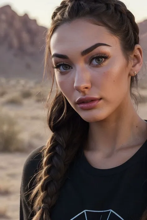 closeup headshot of S468_ShaidenRogue,a beautiful woman,in a (desert:1.1),wearing a (black crewneck),(braid),(4k, RAW photo, best quality, 50mm, depth of field, ultra high res:1.1),(intricate, photorealistic, cinematic-shot, masterpiece, ultra-detailed:1.1...