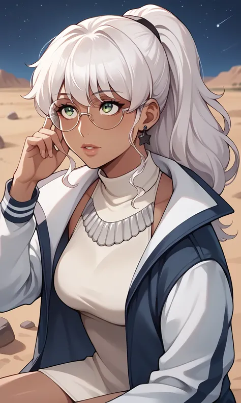 score_9, score_8_up, score_7_up, score_6_up, source_anime, BREAK masterpiece, NaomiMR, White hair, ponytail, dark-skinned female, round eyewear, green eyes, turtleneck short dress, collar, track jacket, looking up, desert, rocks, sitting, 1girl, parted lip...