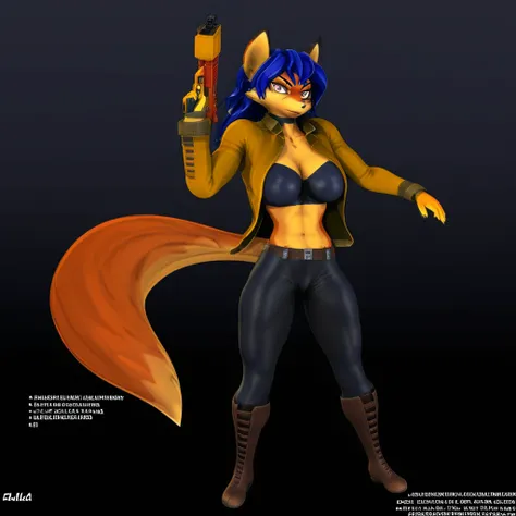 1girl, animal ears, furry female, weapon, solo, boots, fox tail, tail, large breasts, fox ears, furry, breasts, jacket, gun