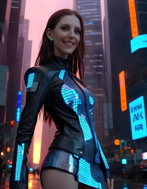 In a gritty, cyberpunk dystopia, the close-up image focuses on 3L3N4R055, a woman with long, brown hair cascading down her shoulders, her piercing blue eyes narrowed intently as she looks directly at the viewer. Her lips are curved into a radiant smile, re...