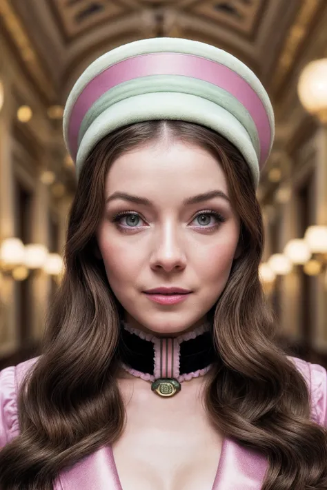 SarahB_SoloTI_v1,
(In a vintage, elegant bellhop uniform with impeccable detailing and a charming hat, exuding old-world charm and professionalism), (Amidst the whimsical halls and ornate rooms of the Grand Budapest Hotel, where eccentric guests and daring...