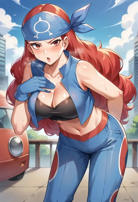 score_9, score_8_up, score_7_up, source_anime, masterpiece, 1girl, ct_sh3lly, blue bandana, red eyes, red hair, long hair, blue vest, bandeau, blue pants, blue gloves, medium breasts, shiny skin, outdoors, city, depth of field, looking at viewer, large bre...