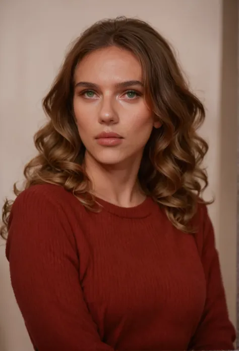 score_9, score_8_up, score_7_up, ScarlettJ, 1girl, solo, green eyes, brown hair, jewelry, upper body,  lips, looking at the viewer, realistic, nose, red sweater, wavy hair