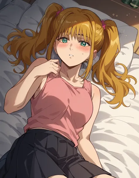 score_9, score_8_up, score_7_up, source_anime, <lora:nao-nikaido-ova-ponyxl-lora-nochekaiser:1>, nao nikaido, blonde hair, twintails, green eyes,, tank top, pink tank top, skirt, black skirt, pleated skirt,, indoors, bed, bed room, on side, blush, drunk, l...