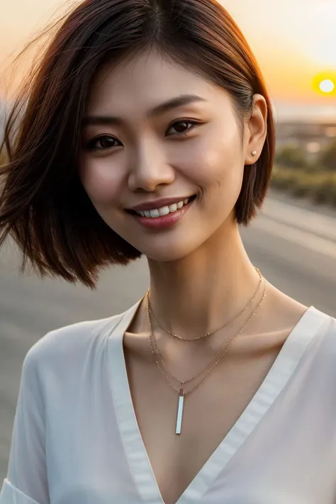 Asian woman, closeup, (shirt), pants, (sunset blvd), cross necklace , smiling , KM_citra, wide shoulders, perfect face, (contact iris: 1.1), pale skin, skin pores , depth of field