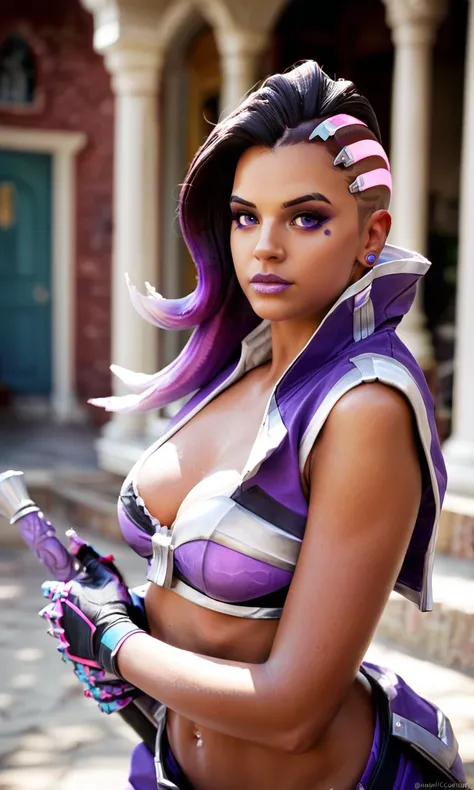 score_9, score_8_up, score_7_up, BREAK, zy_sombra, 1girl, long hair, purple hair, dark skin, two-tone hair, costume, weapon, portrait, realistic, photo, real hair, detailed skin, porch, highly detailed, detailed skin, depth of field, film grain, <lora:zy_S...