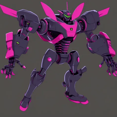 full body, mecha, black skin, official style, green skin, pink eyes, open hands, parody, no humans, robot, wings