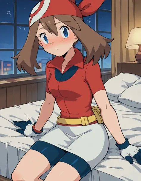 score_9, score_8_up, score_7_up, source_anime, <lora:pokemon-may-anime-ponyxl-lora-nochekaiser:1>, pokemonmay, blue eyes, brown hair, bandana, long hair, red bandana, twintails, hair between eyes,, bike shorts, collared shirt, gloves, microskirt, multicolo...