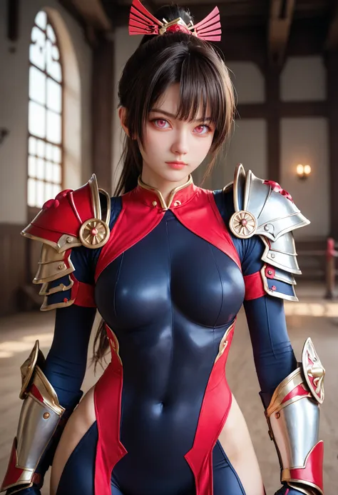 1girl,solo,long hair,looking at viewer,breasts,armor,ponytail,hair ornament,bangs,closed mouth,medium breasts,pink eyes,dress,black hair,cowboy shot,sidelocks,red eyes,brown hair,covered navel,bodysuit,standing,gauntlets,battlefield background,fighting_sta...