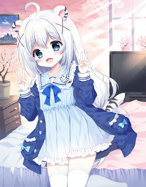 <lora:Myoya Cutiemagine 10i:1> sakurarium, 1girl, myoya, long hair, hair between eyes, ahoge, braid, X hair ornament, fang, blue jacket, open jacket, puffy sleeves, blue bow, blue dress, frilled sailor dress, white thighhighs, tiger tail, leaning back, bed...